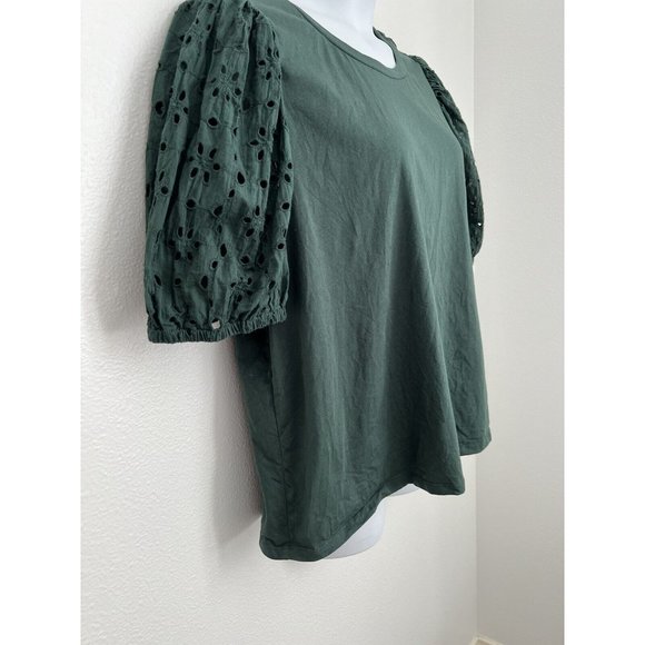 ELOQUII Women’s Green Knit Eyelet Puff Sleeve  Top Plus Size 22/24 Excellent - Picture 2 of 5